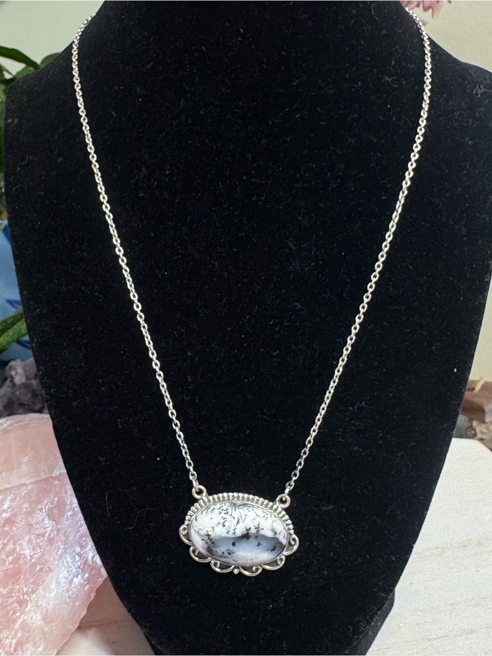 Dendritic Opal Gemstone Sterling Silver Pendant Necklace - 20”